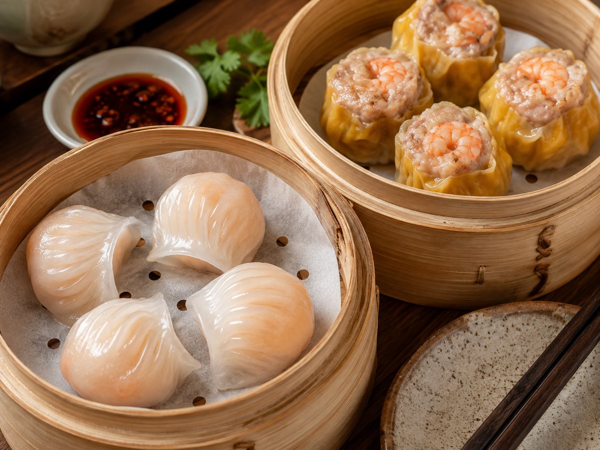 Cantonese Dim Sum: Har Gow (Crystal Shrimp Dumplings) & Siu Mai (Pork & Shrimp Dumplings)
