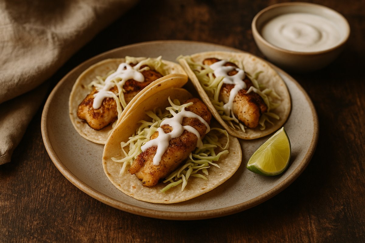 Fish Tacos with Garlic Lime Crema